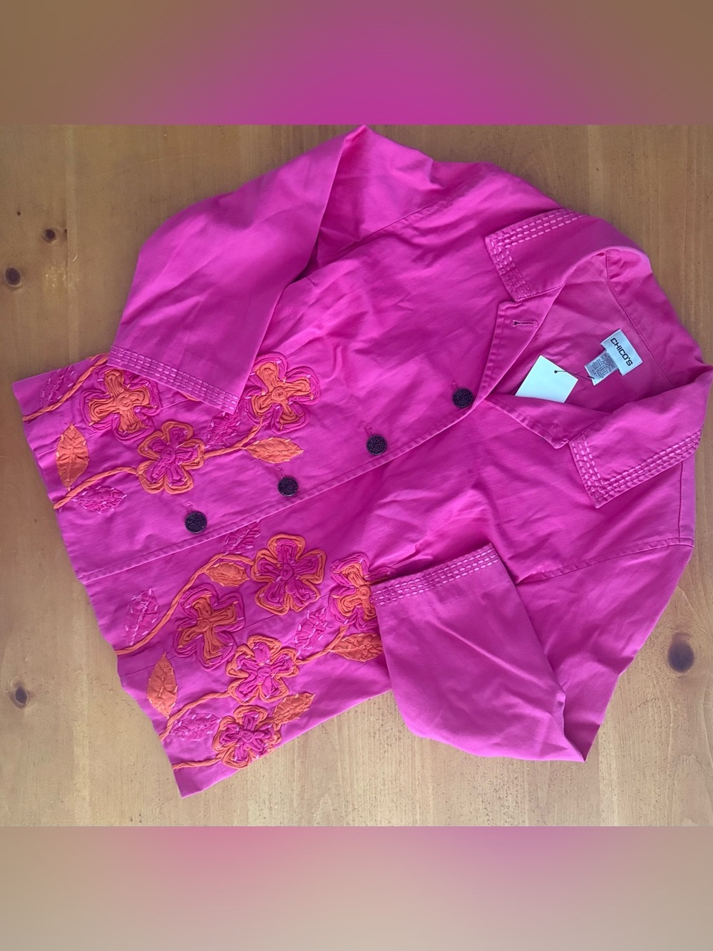 Chicos Women’s Floral Embroidered 4 Button Pink & Orange Blazer, Size 1